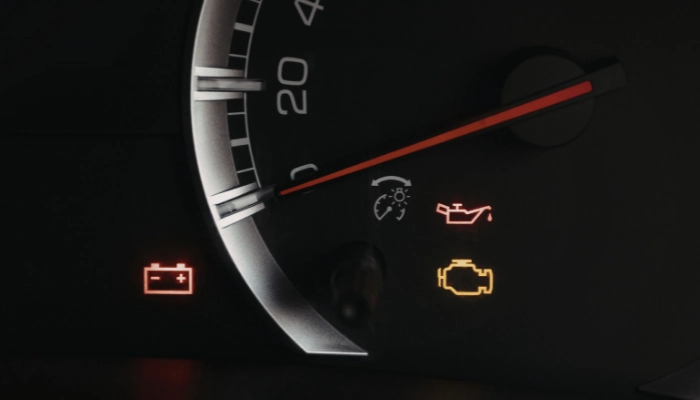 Tablero de carro con testigo de aceite encendido, señal de que el motor necesita atención