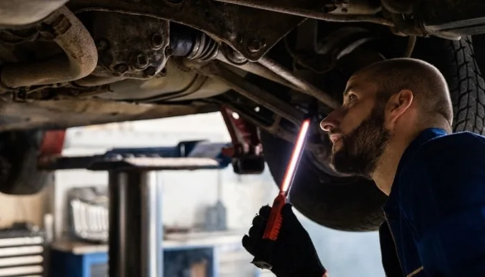 Mecánico revisando con una linterna debajo de un carro usado